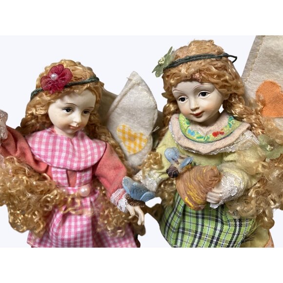 Decorative Angel Fairy Figurines Set With Gingham & Plaid Dresses Felt Wings - Picture 10 of 13